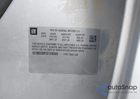 2016 Chevrolet Cruze Lt Auto from USA, damaged, VIN 1G1BE5SM7G7245900